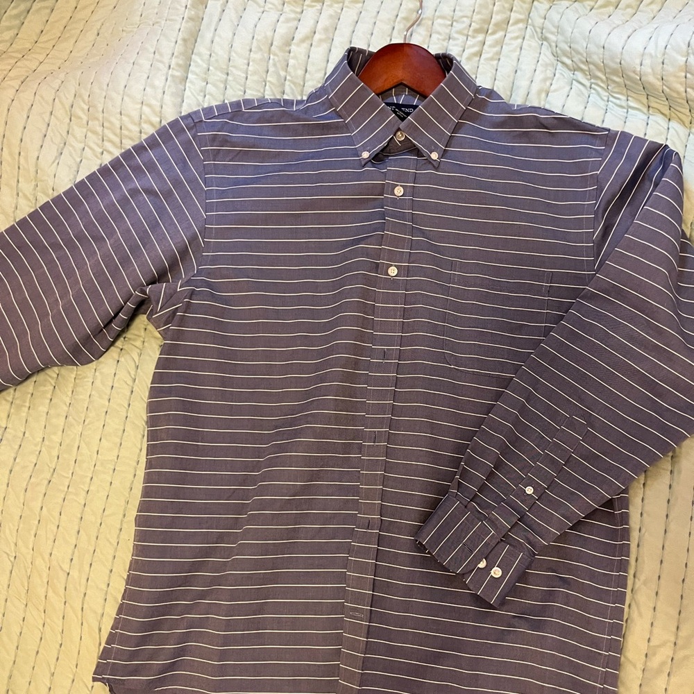 Lands End Men’s button-down shirt, grey-blue, horizontal stripe, Sz 16 1/2.